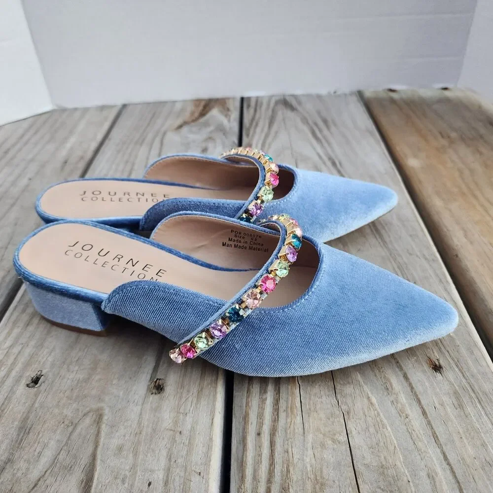 New In Box Journee Collection Light Blue Velor Embellished Jewelled Mules Sz 5.5